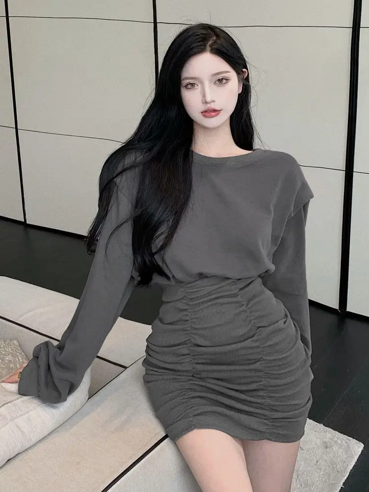 Korean Version Versatile   Dress With Waist Cinching Slimming Effect Short Skirt  Women  Wrapped Buttocks Long sleeves