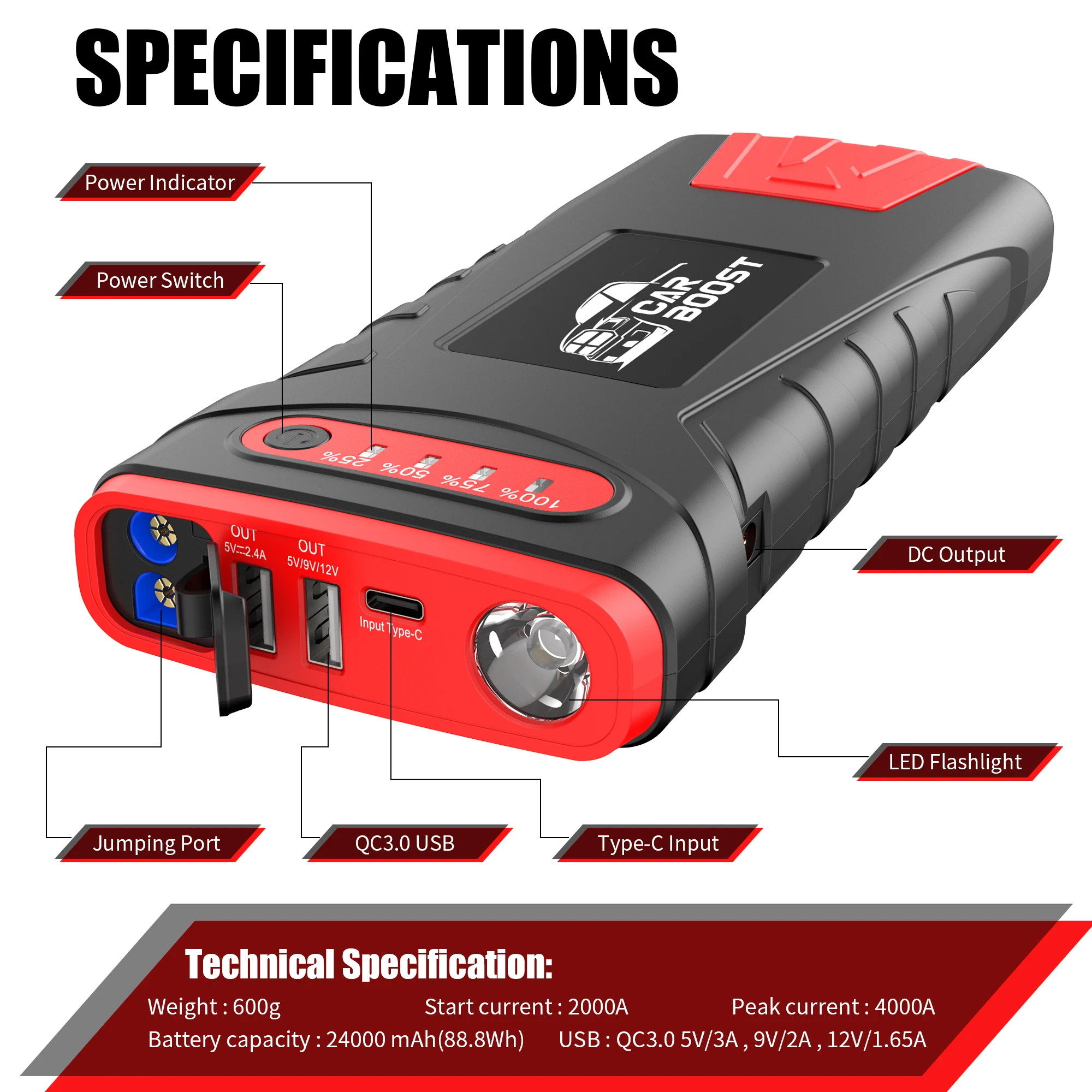 24000mah 4000ampカージャンプスターターキット超安全12V