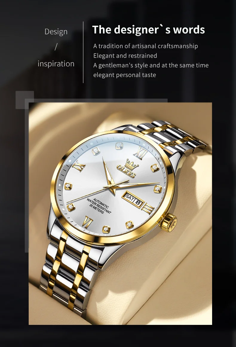 OLEVS 9946 Classic Stainless Steel Material Automatic Movement Dual Calendar Diamond Gold Dial Mechanical for Men Luminous Watch