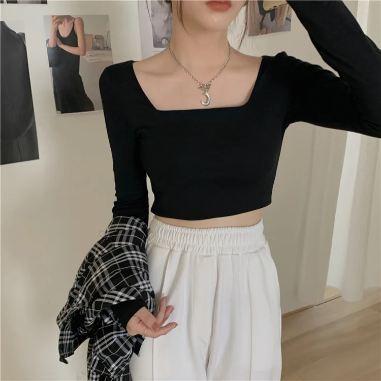 Long-sleeved T-shirt Women's Autumn New Tight-fitting Inner Bottoming Shirt  Square Collar Fake Two-piece Babes T-shirt - AliExpress