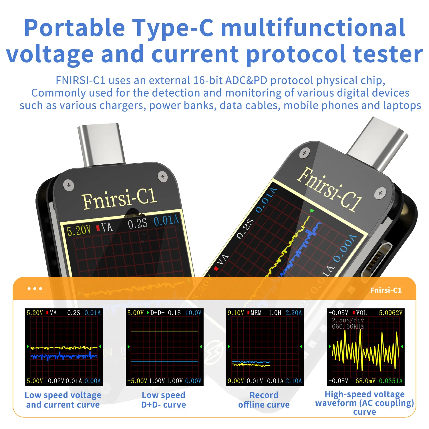 FNIRSI-C1 Usb Multifunction Tester Fast Charging Protocol Type-c Voltage Current Mini Tester Usb c Tester With PC Software