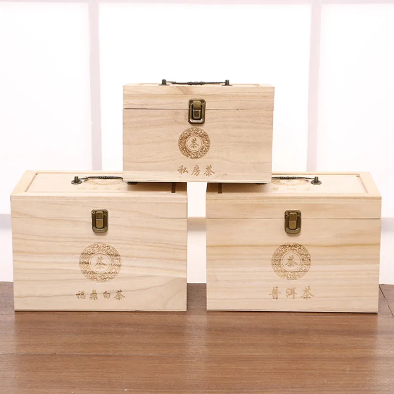 Handmade Rectangular Paulownia Wood Tea Storage Box with Hinged Lid and Handle Multifunctional Gift Wooden Box