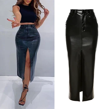 2021 Chic Fashion Autumn Solid PU Leather Long Skirt High Waist Split Clothing Lady Casual Straight Skirt
