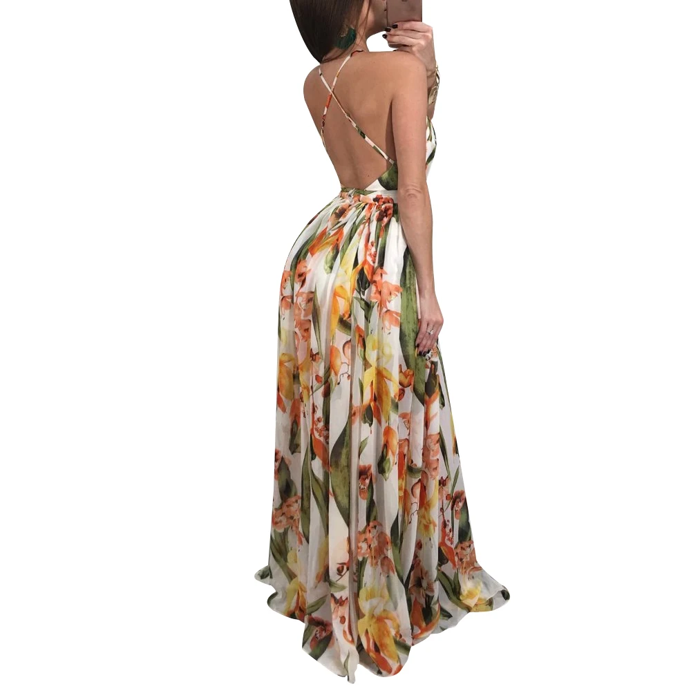 Print Floral Loose Boho Deep V Neck Backless Long Women Dress  Maxi Dresses  Sexy Back Cross Beach Summer Dress