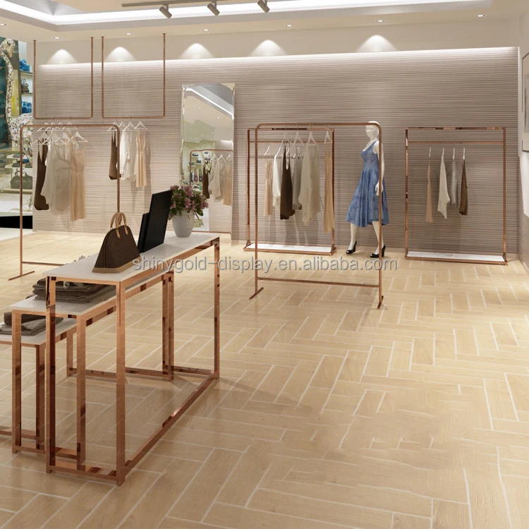 Custom Clothing Store Retail Shoe Racks Garment Clothes Display Stands Luxury Rose Gold Clothing