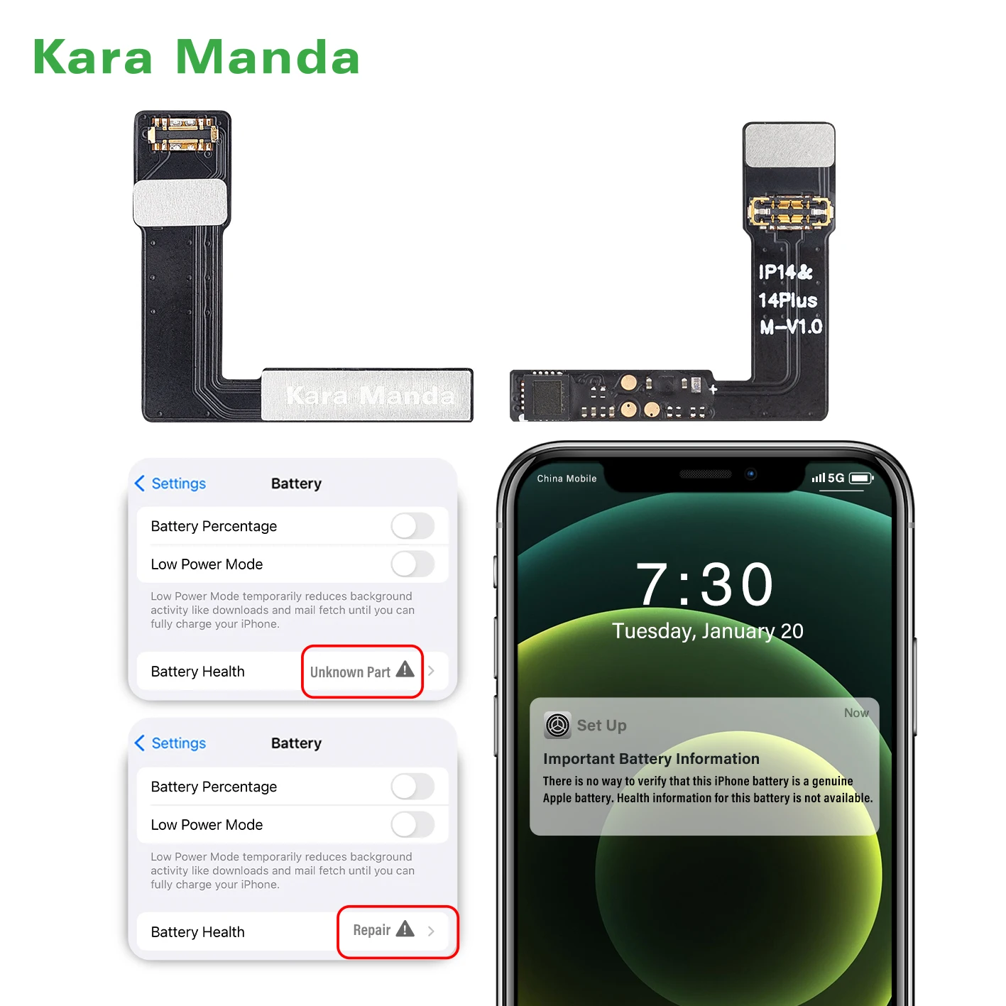 Быстрая доставка запчасти для аккумулятора Kara Manda гибкий кабель ремонта iPhone 11 12 13 Pro Max Mini