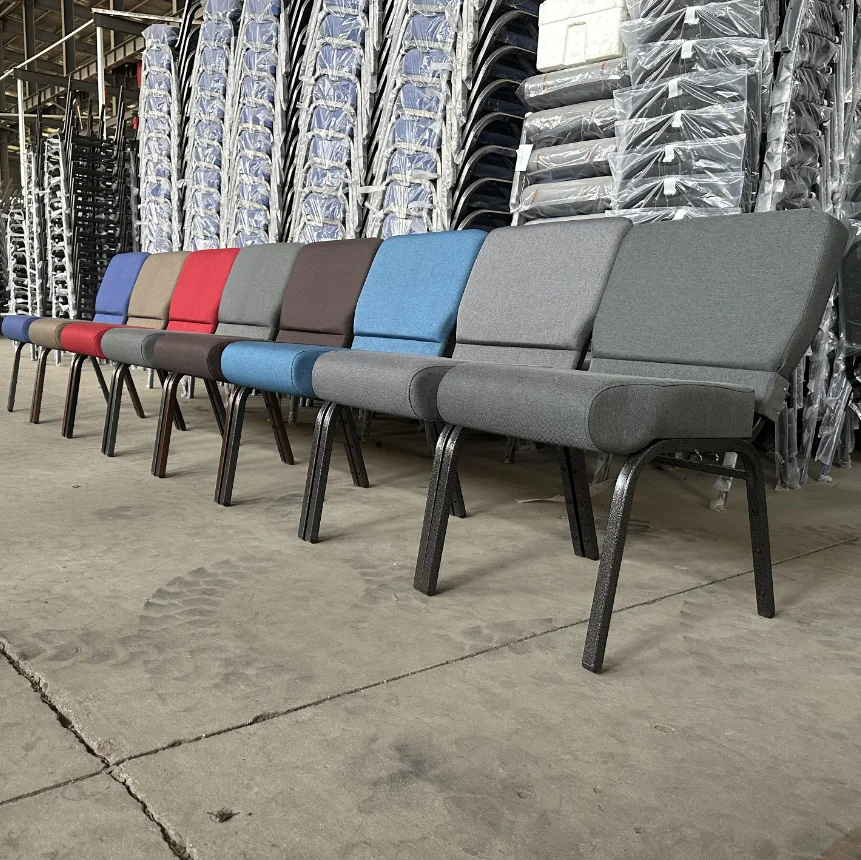 Modern Fabric Iron Padded Church Chair Stackable with Under Rack for Prayers in Church School & Hospital