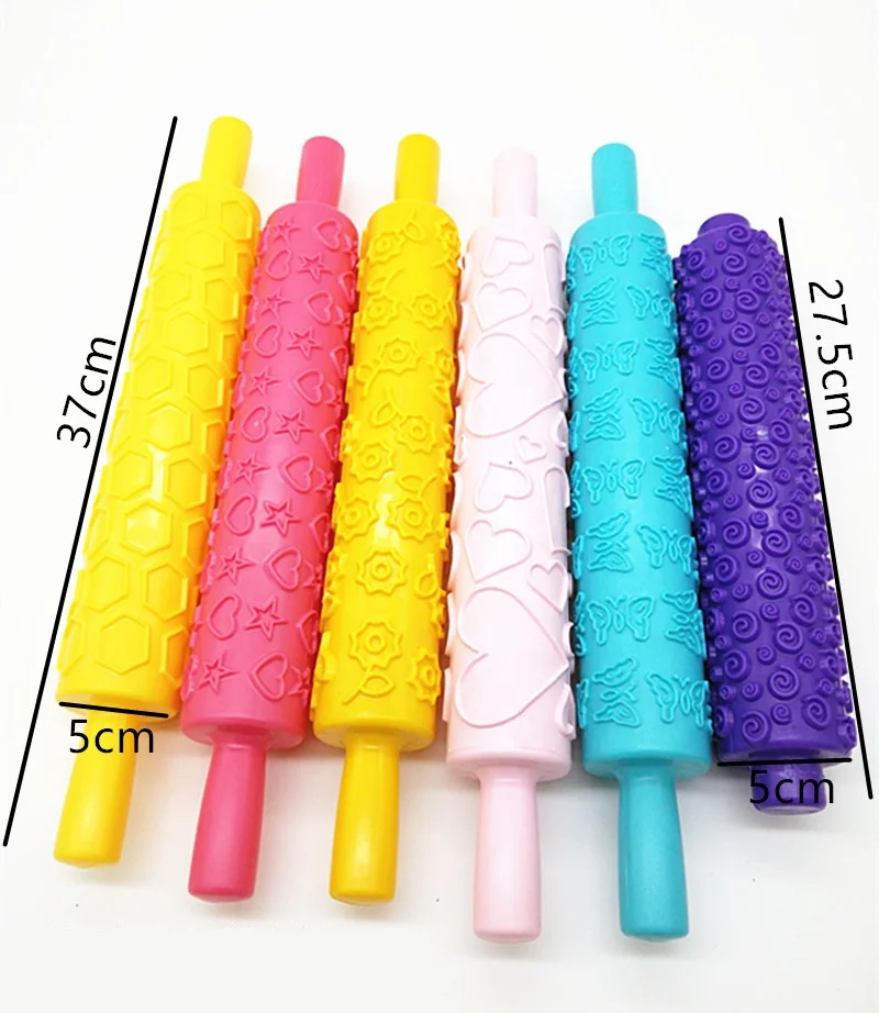 Plastic Embossing Rolling Pins Various Design Colorful Dough Roller Fondant Cake Decorating Tools Sugarcraft