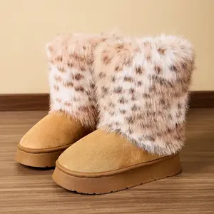2026 Platform Ladies Snow Boots Women Cow Suede Turned-over Edge Leopard Print Faux Fur Female Warm Winter Shoes Handmade