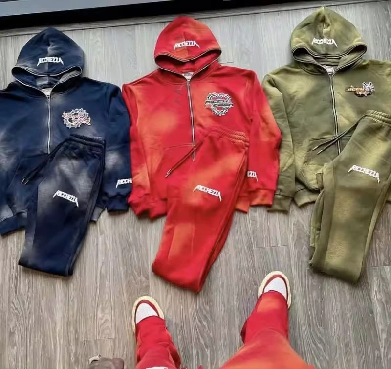 Custom Logo Men Unisex Casual Autumn Tracksuit Sweat Suit Jogger Set Vintage Full Zip Hoodies Acid Wash Polyester/Cotton Quick gallery 7