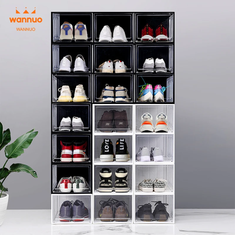 Wannuo Black&White Clear Shoe Case Storage Box Stackable Plastic Folding Shoe Boxes 2pcs Transparent Shoe Box With Magnetic Door