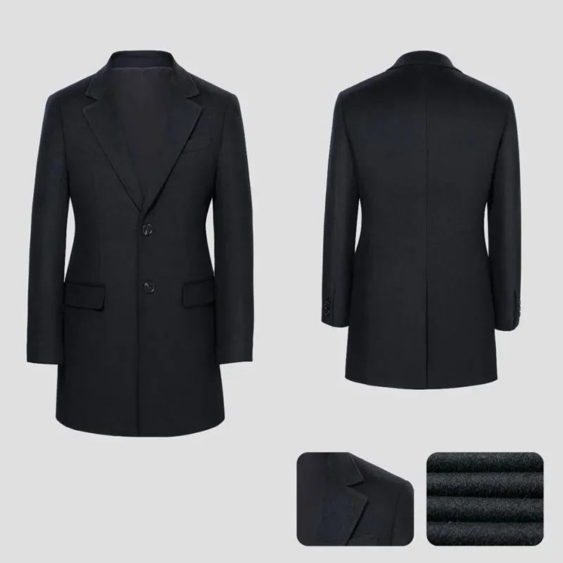 Latest Design High Quality Black Solid Color Men's Long Woolen Polyester Trench Overcoat Slim Fit Men Coat For Winter Warm factory