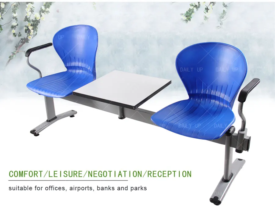 Double Public Waiting Chair With Armrest Metal Beam Seating With Square Table For Airport Hospital Station School Reception