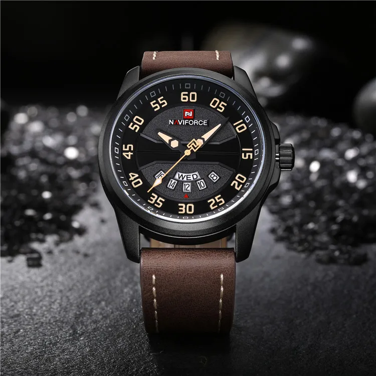 NAVIFORCE Men Watch Date Week Sport Mens Watches Luxury Business Genuine Leather Quartz Male Clock 9124