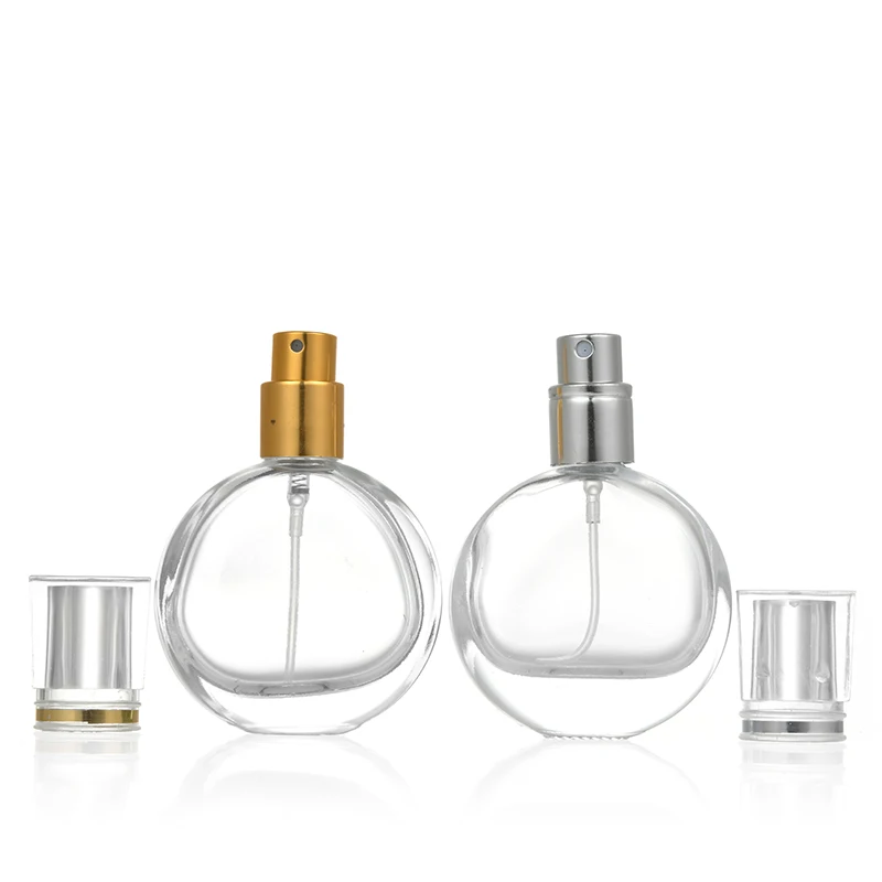 Low MOQ Wholesale Transparent Flat Round Empty 30ml Glass Spray Perfume Bottle with Acrylic Cap