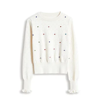 Knit sweater custom wholesale new autumn and winter sweater white pure hand-stitched diamond