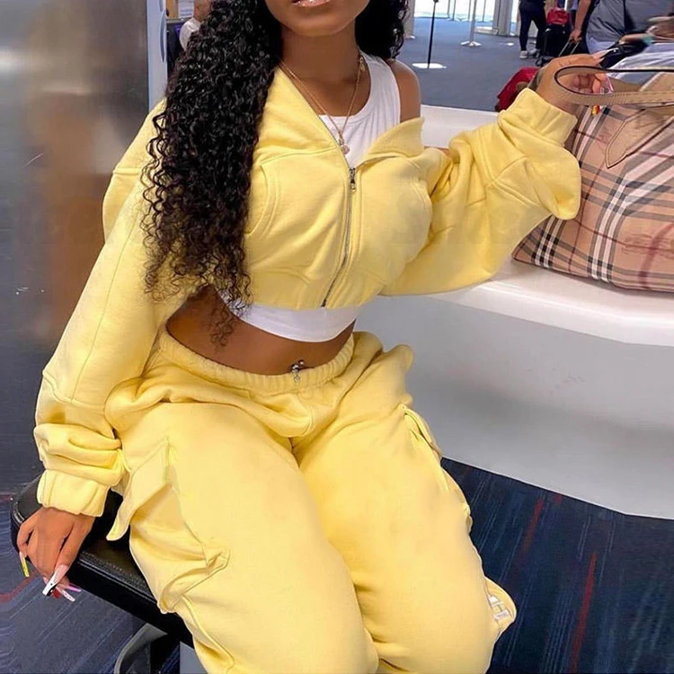 L230716 Custom Embroidery Oversized Zip up Crop Top Hoodie and Jogger Set Two Pieces Hip Hop Women Tracksuit Jacket Hoodie Set