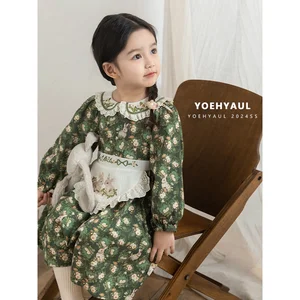 YOEHYAUL Q3608 Autumn Long Sleeve 100% Cotton Green Girl Dresses for 7Year Old Embroidery Bunny Girl Floral Dress Cute for Girl