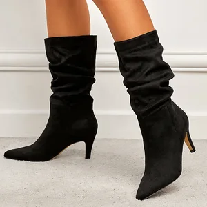 QuiteS Winter New Plus Size Wrinkled Slip-On Solid Knee-High Stiletto Heel Boots High Heel Party Shoes for Women