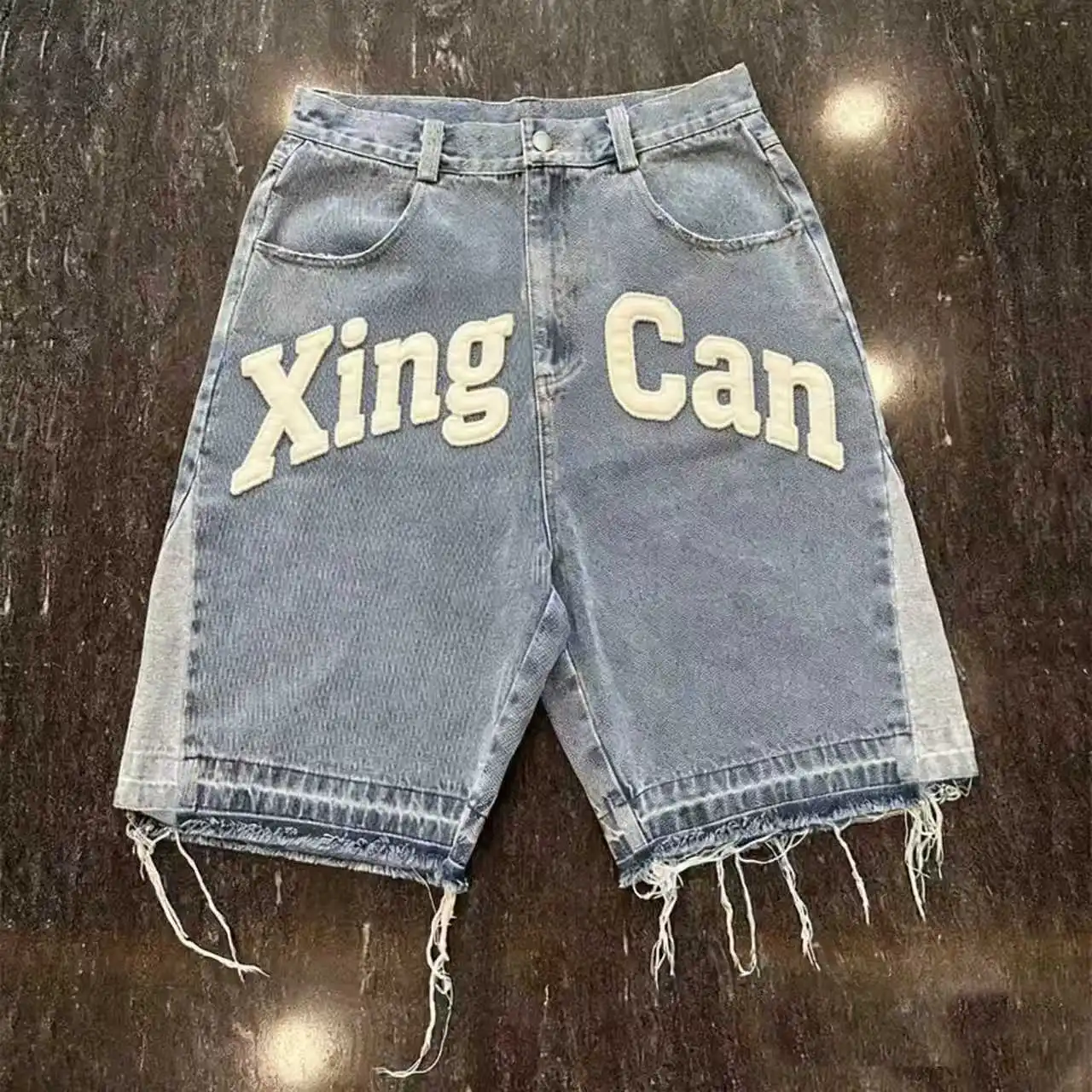 Custom Applique Embroidered Patches Raw Hem Cut Edge Distressed Jorts Streetwear Acid Wash Distressed Jeans Denim Shorts for Men