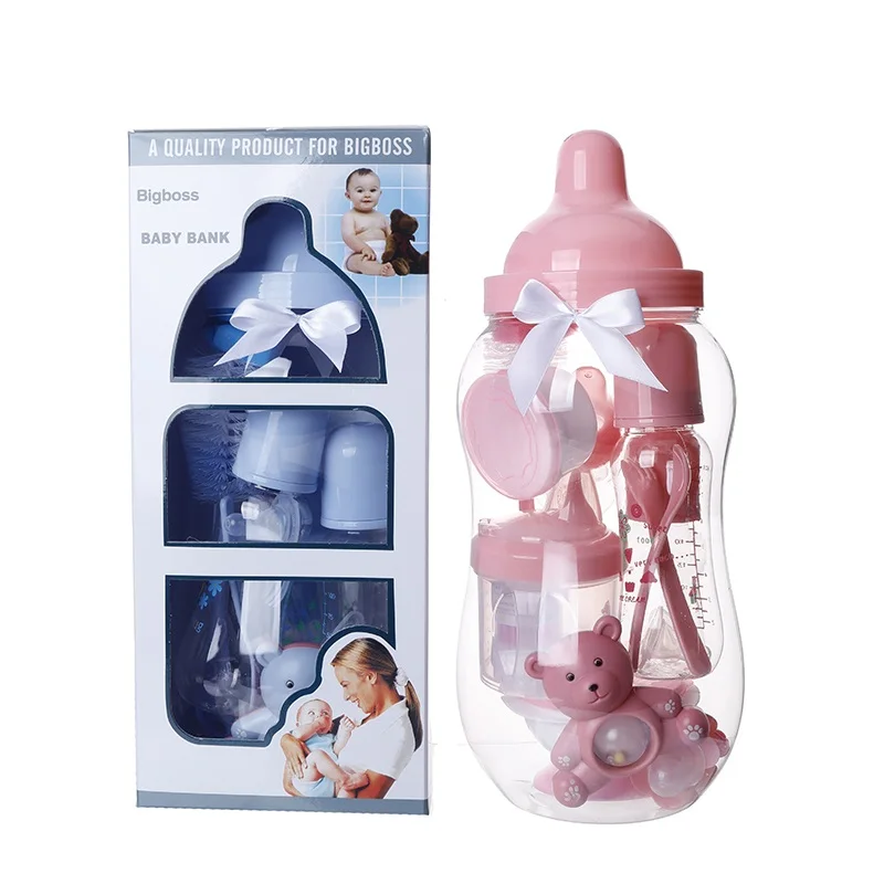 High Quality Baby Bank Feeding Bottle Sets Pink Blue Big Baby Giveaway Gift  Money Bank Set