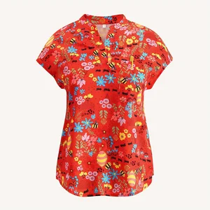 Bee Ant Floral Print Woven Cotton Blends Short Sleeve Ruffled Hem Patch Pocket Women Elegant V-Neck Nurse Uniform Shirt Scrub