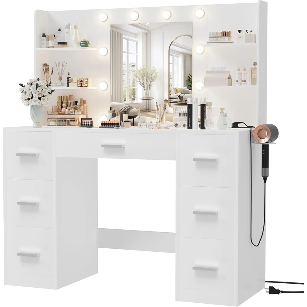Escritorio Moderno de Madera para Dormitorio con Espejo, Luces LED, Tomacorrientes, Mesa de Maquillaje con 7 Cajones y 6 Estantes de Almacenamiento