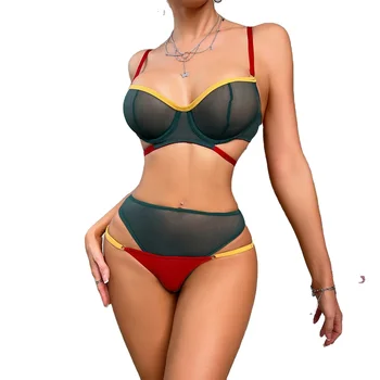 New Fashion Color Mixed Sexy Transparent Comfortable Mesh Stitching With Underwire Bra Underwear Women's Two-Piece Lingerie
