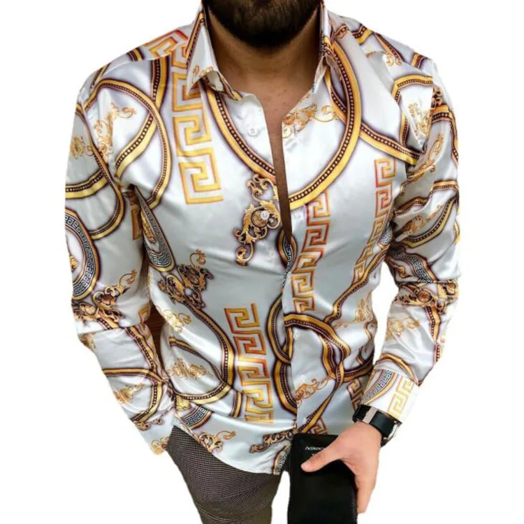 Mens Flower Printed Shirt Casual Long Sleeve Shirts Male Slim Fit Mens Shirt