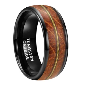 Coolstyle Jewelry 8mm Whisky Barrel Wood Guitar String Inlay Black Tungsten Ring for Men Women Fashion Engagement Wedding Band