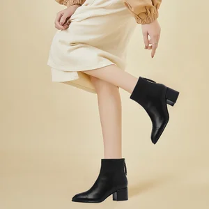 Factory Direct Sales Full-leather Ankle Boots Multi-color Design Slip-On Hard-wearing High Thick Heel for Daily Office Wear