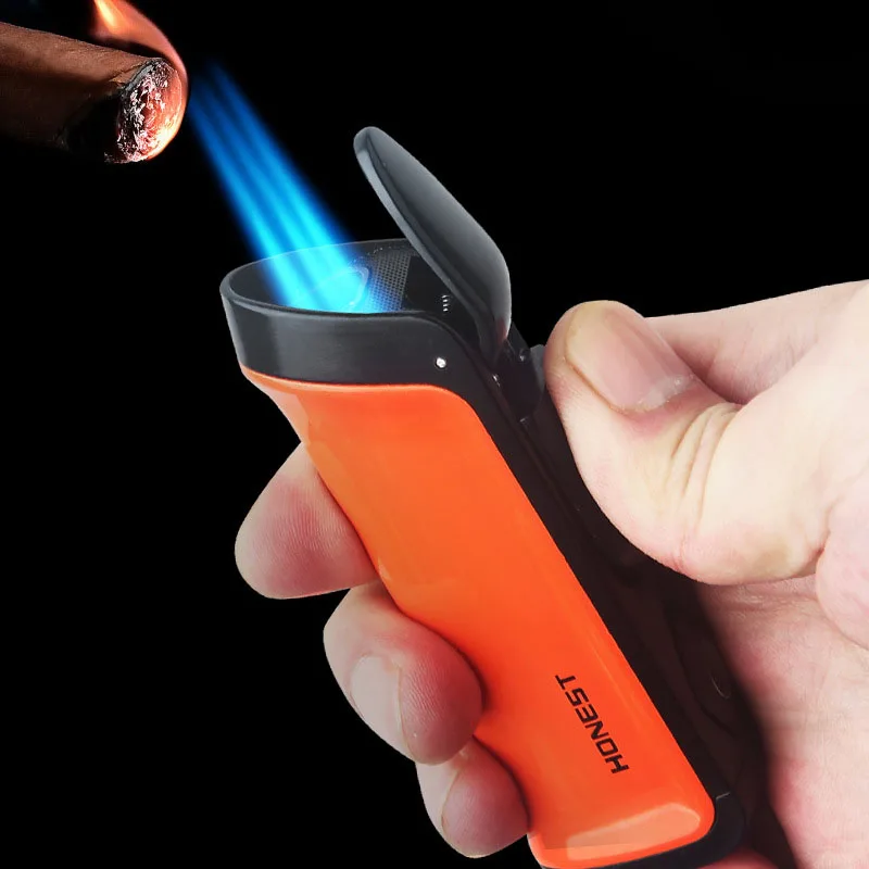 Honest Metal Cigar Lighter with Cigar Cutter Three Blue Flame Gas Refillable Windproof Minimalist Design for Presents