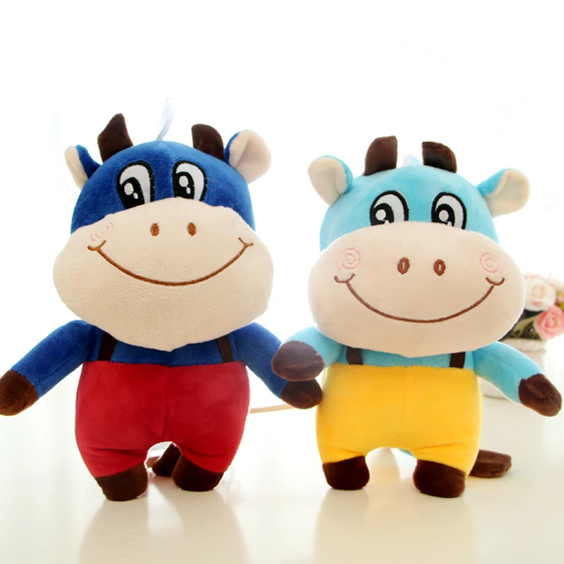 Factory Custom Soft Big Laughing Bull Stuffed Calf Toy Red and Blue Plush Cow Toy