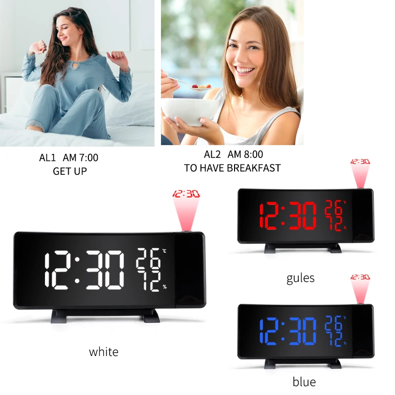 High Tech Curve Screen Multi Color LED Light Digital FM Radio Snooze Alarm Clock with Time Projection on Wall