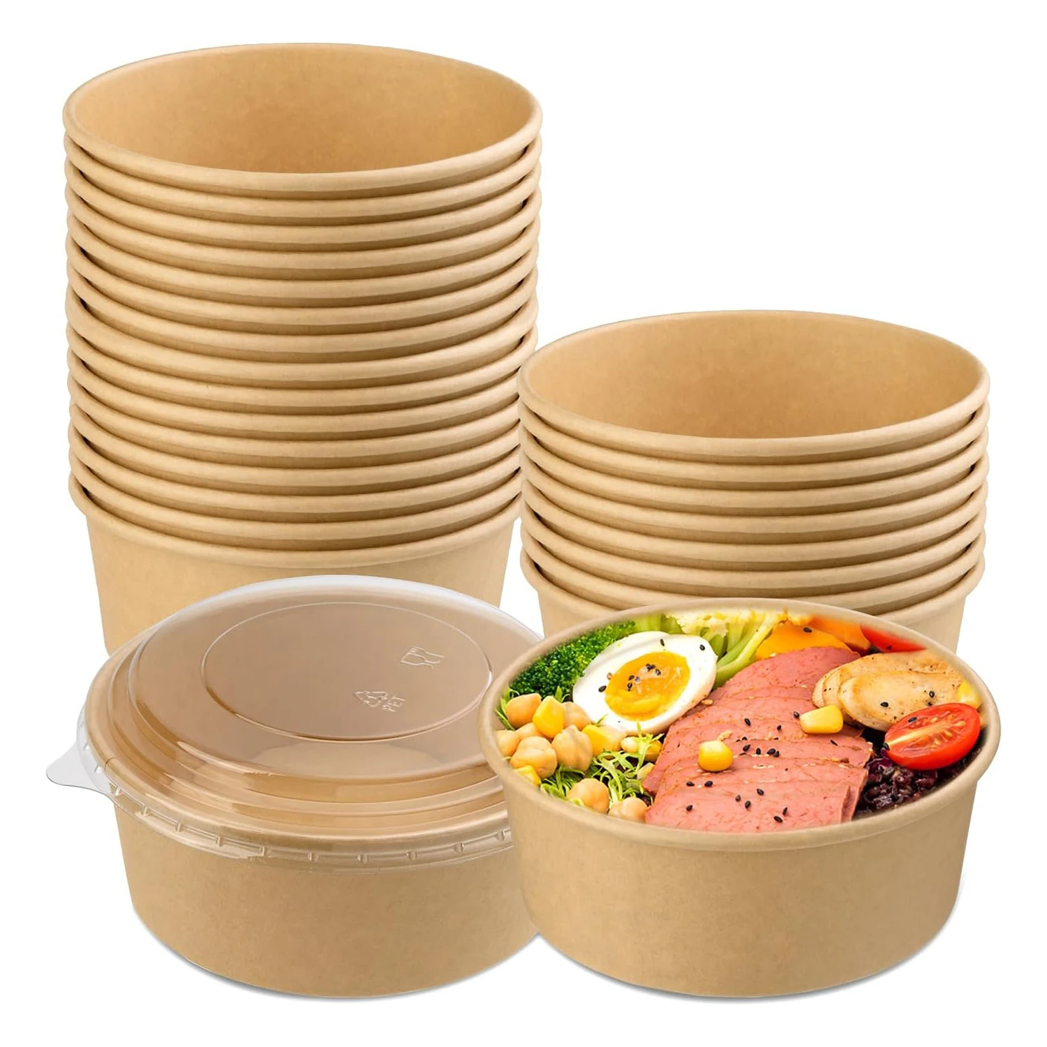Eco Friendly Kraft Paper Lunch Bowl With Lid Custom Printed Curry Soup Pasta Food Box Disposable Biodegradable Packaging