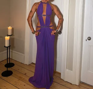 Viviblook Z1222DS01 New Women Elegant Dresses Sexy Hollow Out Backless Sequin Halter Off Shoulder Pleated Maxi Party Dress