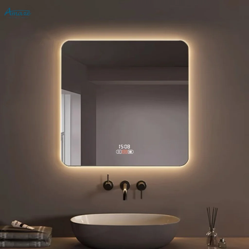 Square smart mirror Bathroom wall mounted LED Intelligent defogging mirror Human sensing touch screen bathroom mirror factory