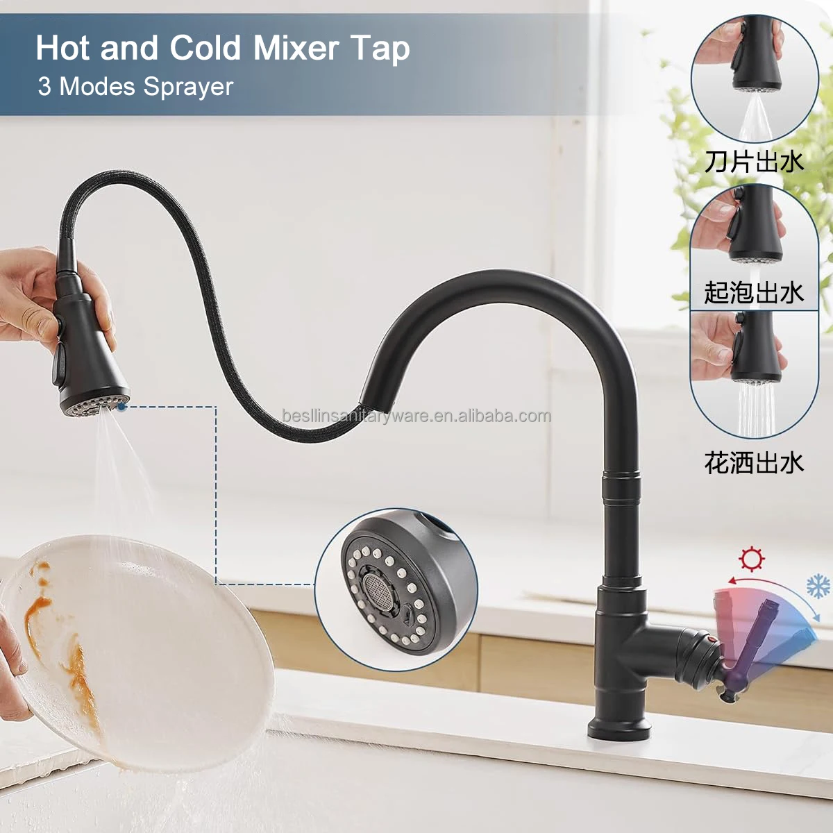 3 Modes Sprayer 360 Flexible Sink Mounted Mixer Tap Pull Out Black ...