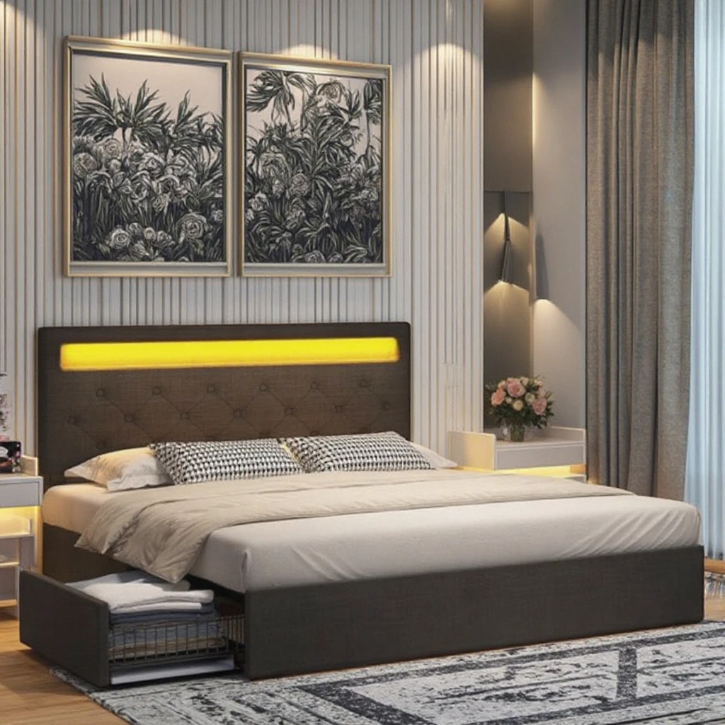 Full Size Bed Frame with Charging Station and LED Lights, Upholstered Bed with Adjustable Headboard and 4 Storage Drawers Metal