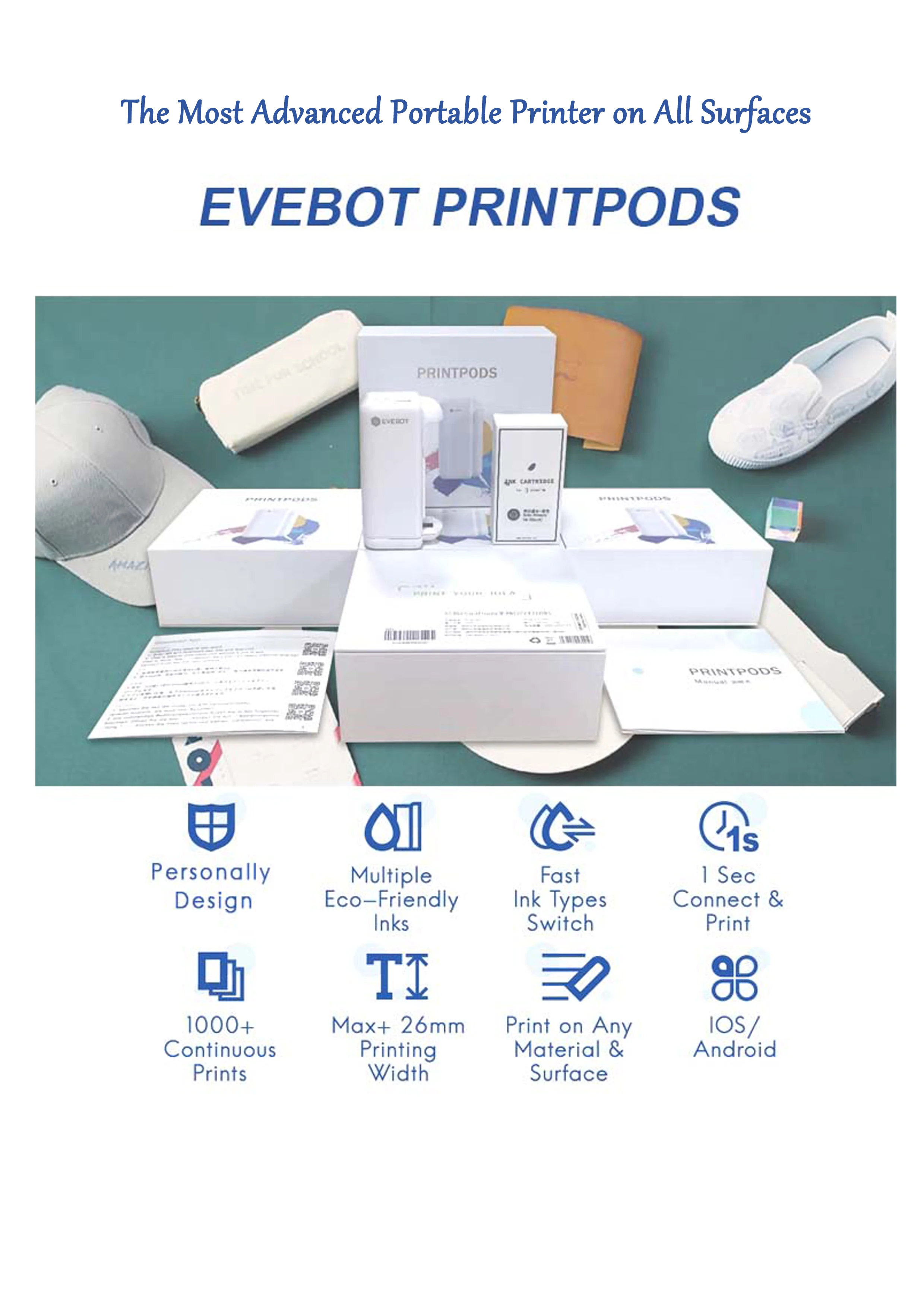 EVEBOT Portable Printer - Mini Inkjet Printers for All Surfaces