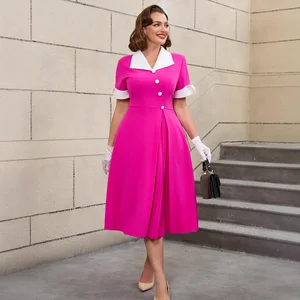 Elegant Retro A-Line Cocktail Dress for Plus Size Women High-Waisted Leopard Pattern Contrast Collar Beaded Decoration Loose