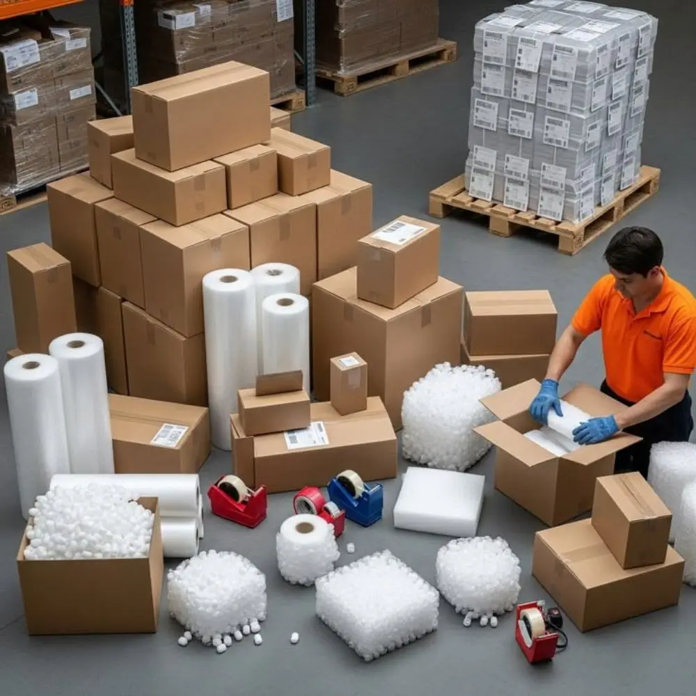 Industrial logistics packaging warehouse showcasing export-ready cosmetic display fixtures with multi-layer protection
