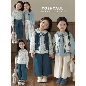 YOEHYAUL LQ0137 Girls Boutique Clothing Sets Suit Wholesale Shirt Pants Knit Vest Baby Girls Kids Outfit Sets Two Piece Girls