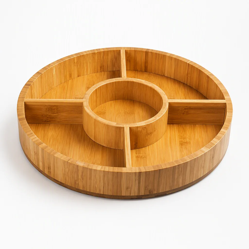 Wholesale 5 Sectional Bamboo Snack Serving Tray Dry Fruit Platter for Candy Nut Chips and Dips Round Shape