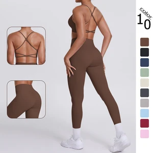 Backless Sports Bra Push up Gym Thin Strap Workout High Waist Yoga Leggings Fitness 2 Piece Set Women