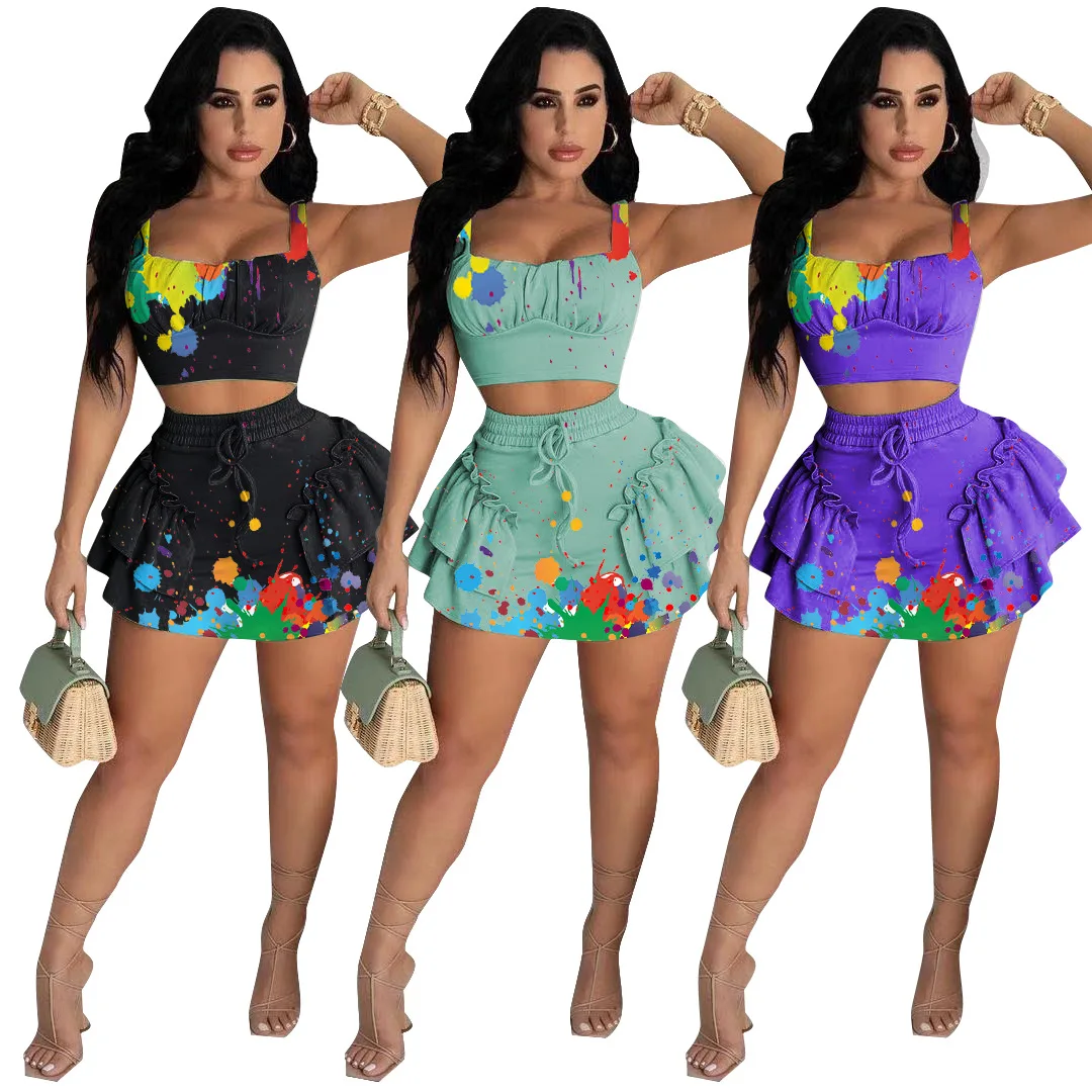 MRULIC dresses for women 2022 Womens 2 Piece Outfits Set Cami Crop Tops Cute  Ruffle Shorts Tracksuit Clubwear Women's Skirt Suit Green + S 