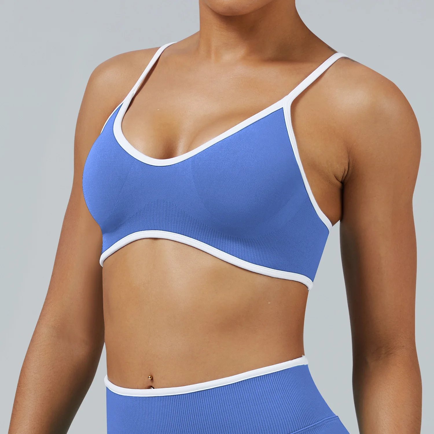 High Support Spaghetti Strap Shockproof Yoga Sports Bra with Front Logo and Color Contra preview