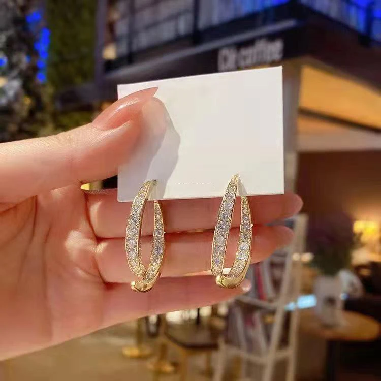 SC New Korean Style Fashion Earrings Cross Zircon Curved Earrings Creative Gold Plated Front Back Exchangeable Diamond Earrings