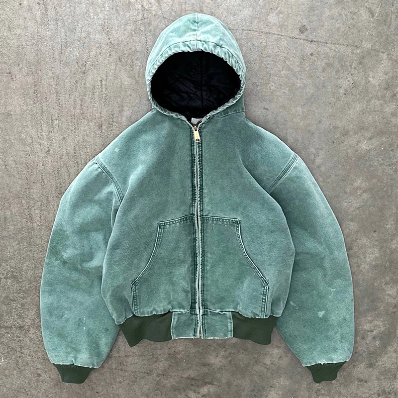Custom High Quality Acid Washed Oversized Distressed Sweatshirt Drawstring Hoodie Hooded Zip up Denim Sun Faded Jacket Hoodie