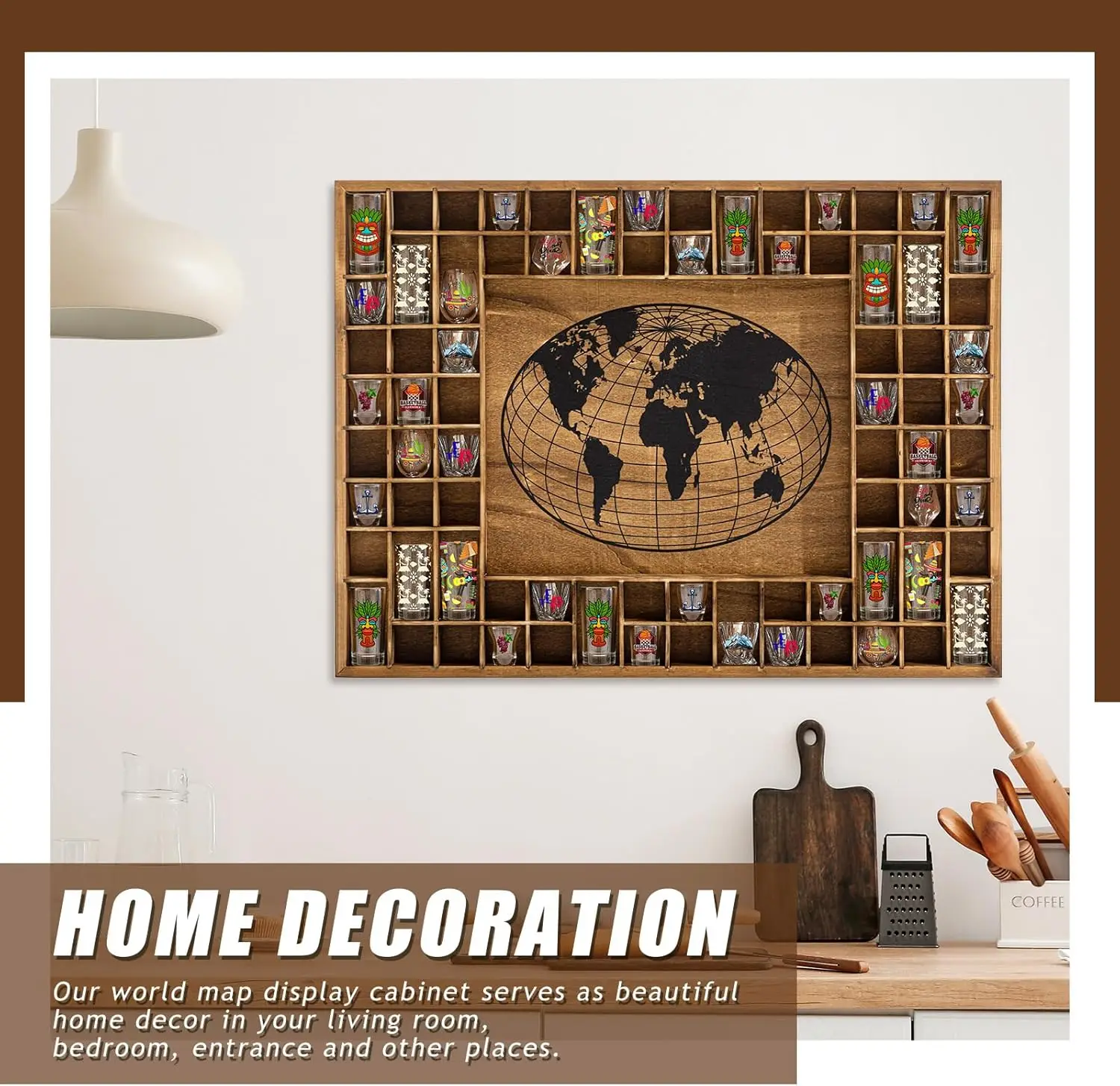 JUNJ Large World Map 76 Slots Shot Glass Display Case - Wall Mount Storage For Living Room, Custom Color Options Available - View #2